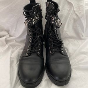 ZARA Trafaluc Black Leather Studded Combat Ankle Boots